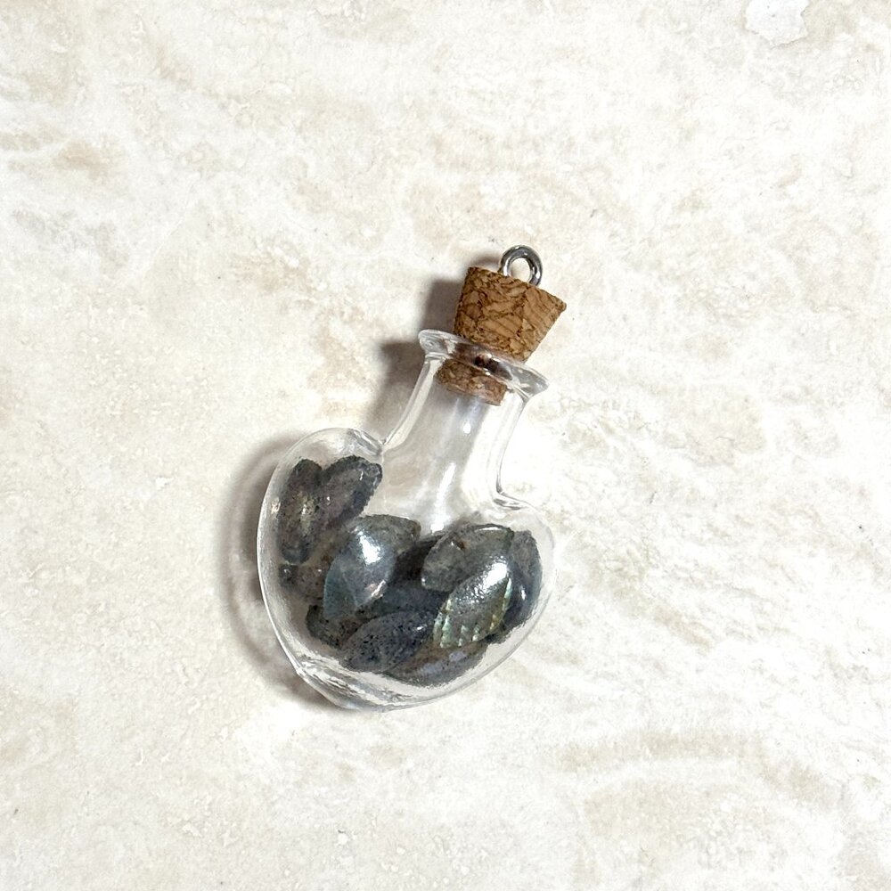 2/20$, Small Glass Heart Bottle Pendant + Tiny Genuine Labradorite Cabochons